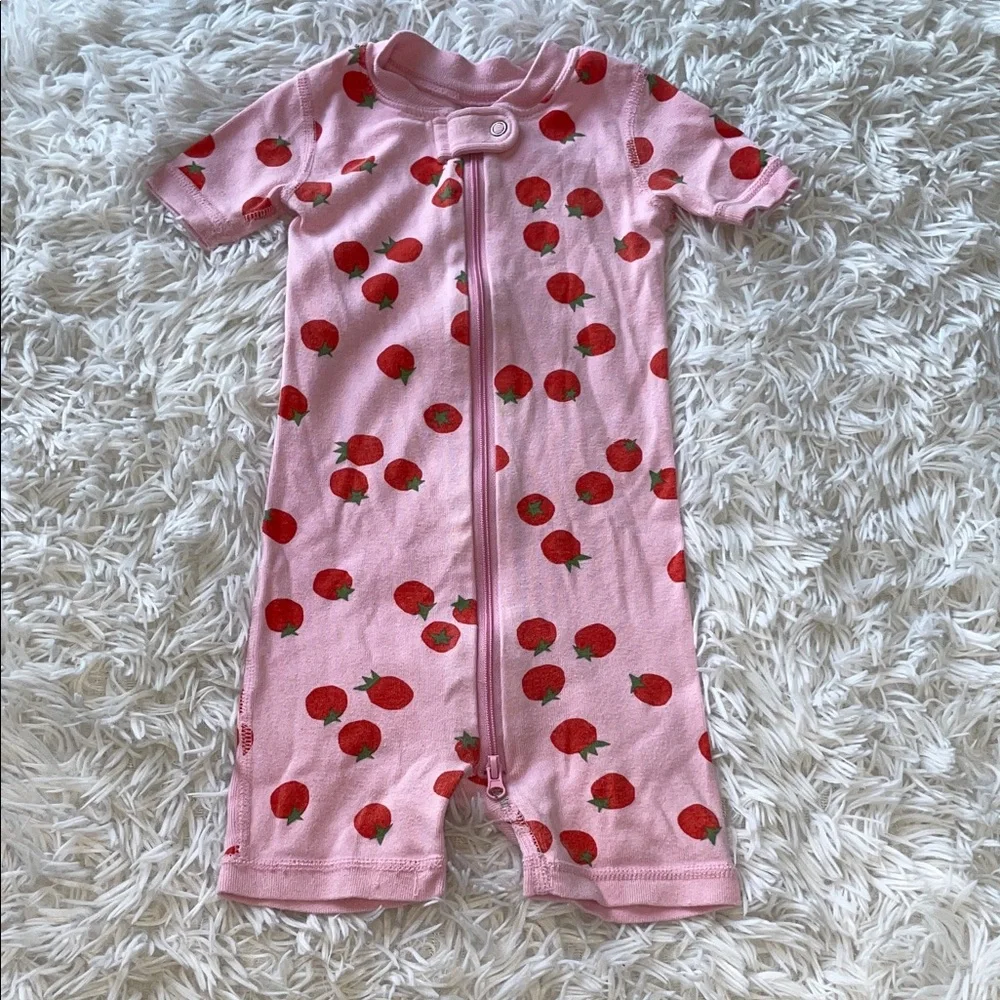 Hanna Andersson Pink Strawberry Print Short Sleeve Zipper Romper